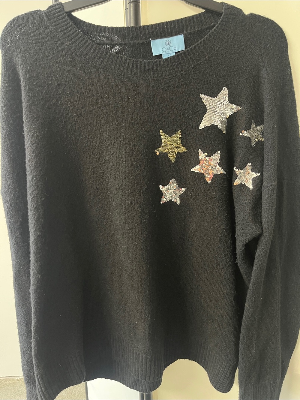 CeCe large Black Sequin Star Crewneck Sweater with Metallic Stars
